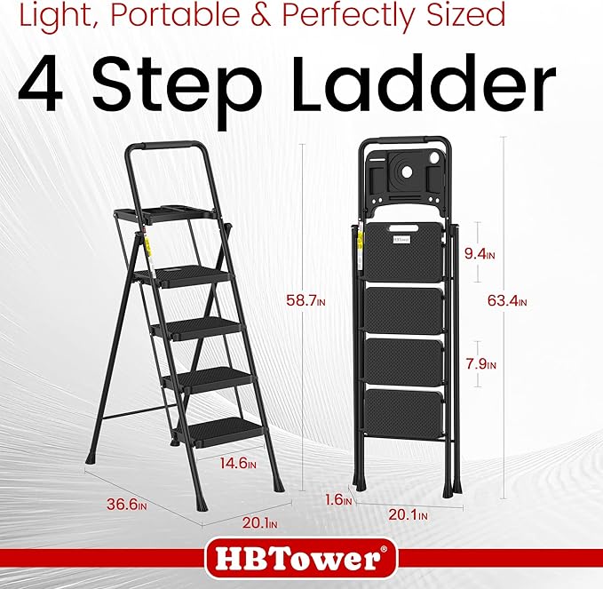 HBTower Step Ladder, Folding Step Stool with Wide Anti-Slip Pedal | Sturdy Steel Ladder, Convenient Handrail, Lightweight, Portable Steel Step Stool