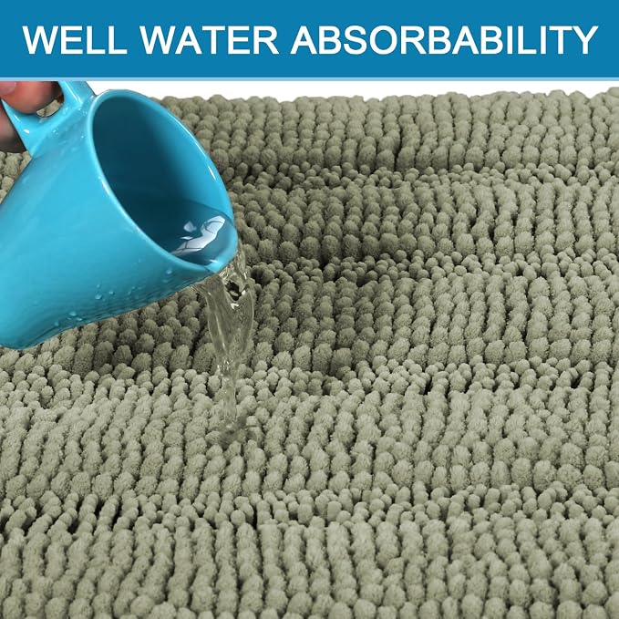 H.VERSAILTEX Bathroom Rug Sets 2 Piece Bath Mats Non Slip Thick Soft Chenille Striped Bath Rug achine Washable Shower Floor Rugs for Tub, Shower and Floor (Eucalyptus Green, 20" x 32"/17" x 24")