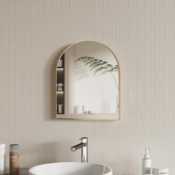 Arched Bathroom Mirror 15"x18", Gold, Tempered Glass | arch bathroom mirror gold wall mounted vanity tempered glass metal frame bedroom entryway living room