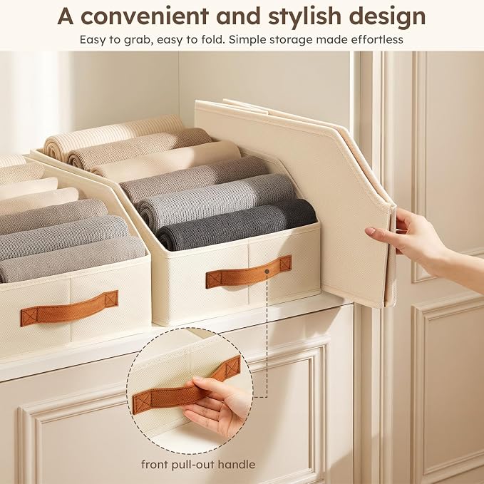 Fabric Storage Bins for Organizing - 10 Pack Large Trapezoid Collapsible Storage Bins with Front Handle, Closet Organizers and Storage for Bedroom, Home Shelves, Small Spaces, Beige