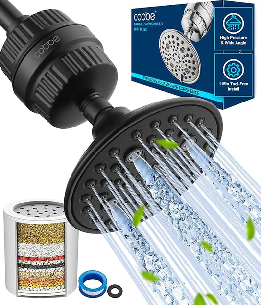 Cobbe 6-Setting High Pressure Filtered Shower Head Combo, Detachable Rain Shower Head with 20 Stage Shower Head Filter for Hard Water - Remove Chlorine and Harmful Substances, Black | Rain Showerheads with 20 Stage Water Softener for Healthier Skin & H...
