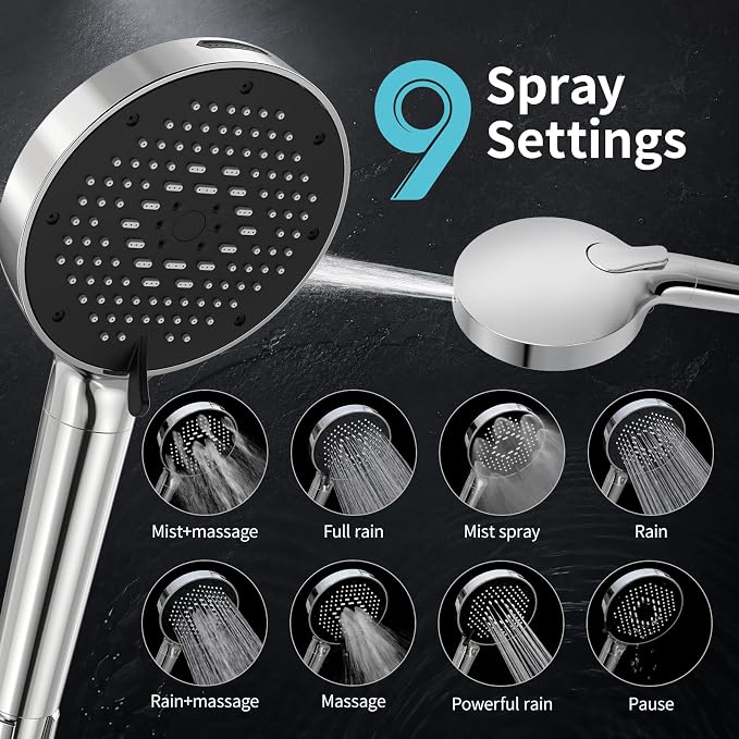 SR SUN RISE NSF Certified Filtered Shower Head 9-Spray Setting with Handheld for Hard Water to Remove Chlorine High Pressure Anti-Clog Nozzles (1 Filter, Chrome Silver)