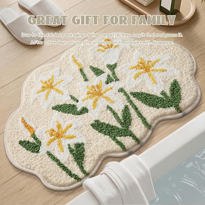 Cloud-Shaped Lily Bath Mat, Soft Non-Slip Fluffy Fresh Flowers Bathroom Rug, Ultra Absorbent Microfiber Shaggy Door Mat, Machine Washable Bath Rug Carpet for Bathtub Bedroom 20x31 Inch (White Lily)