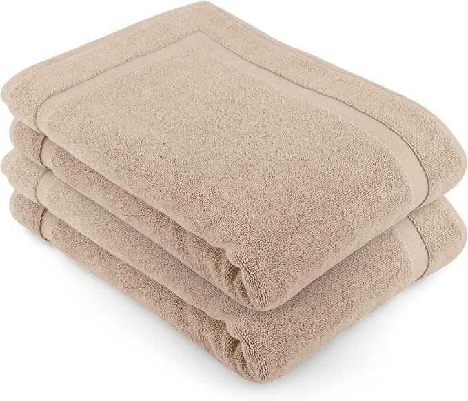 COTTON CRAFT Bath Mats - 2 Pack Step Out Tub Shower Floor Mat -21x30- Linen | Ultra Absorbent Plush 900 GSM Pure Cotton Banded Border Luxury Towel Rug - Not a Bathroom Rug