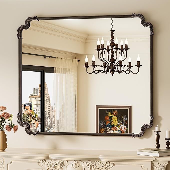 Baroque Antique Bronze Scroll Wall Mirror 42 x 36 Vintage Rectangle Framed Baroque French Rectangular Mirror for Mantle Fireplace Bathroom Living Room, Horizontal/Vertical