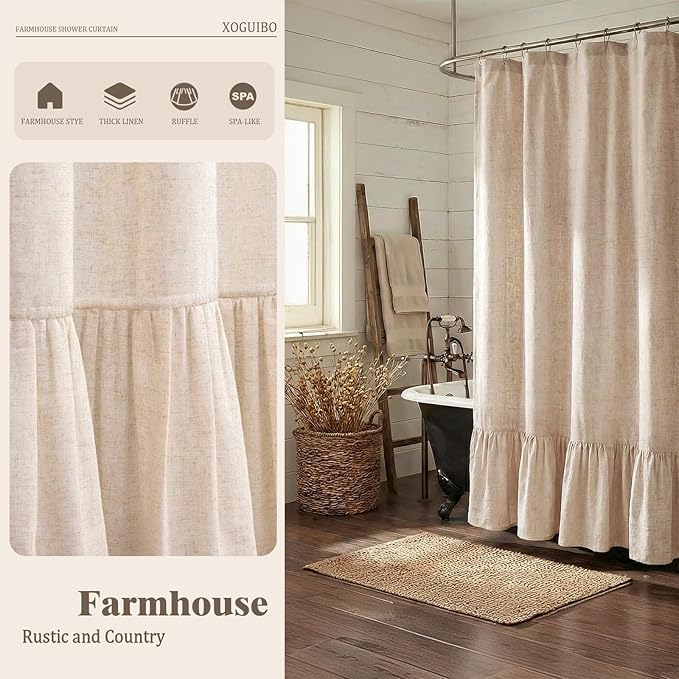 Farmhouse Shower Curtain Ruffle Linen Beige 72" W x 75" L | Linen Fabric, Farmhouse Boho, Bottom Ruffle, Rustic, Country, Natural Look, Washable, Shower Curtain for Bathroom Bathtub