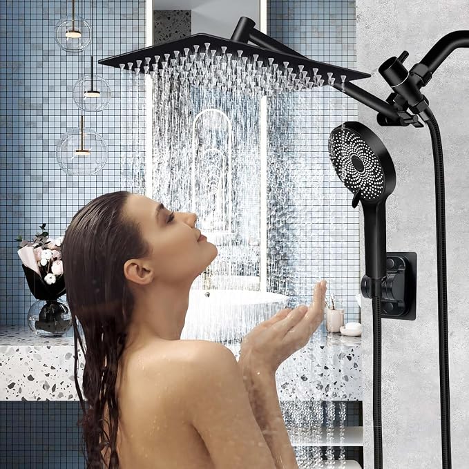 Shower Head,10 Inch High Pressure Rain Shower Head with Handheld Spray Combo, Adjustable Dual Rainfall Shower Head - Showerhead Comb Set with Extension Arm - 60 Inch Long Shower Hose（Black）