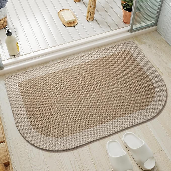 Half Circle Bath Mat, Thin Bathroom Rugs Fit Under Door, Brown 20x31 | Non Slip, Quick Dry Absorbent, Rubber Backing Washable, Semi Circle Bathmat for Bathroom Floor, Tub and Shower, Home Decor
