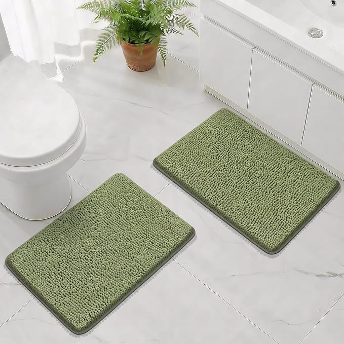 Bcoimo Bath Rugs Mat Set,2 Piece Non Slip Chenille Sage Bathroom Mat Sets | Extra Soft 24x17 Bath Rug;Non Slip with Rubber Backing Bath Mats;High Absorbent And Quick Dry Microfiber mat;Machine Washable
