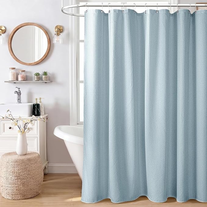 Extra Long Waffle Shower Curtain 256 GSM Fabric 72"x84" Fog Blue | 84 Inch Long, Thick Polyester Cloth, Weighted Hem, Water Repellent, Washable, Tall Hotel Bathroom Shower Curtain Set 12 Hooks