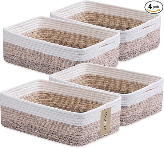 MiniArk Large Shallow Organizing Baskets 15x11x5.1 Inches - Rope Woven Storage Bins for Bathroom, Shelves, Cube Closet, Gradient Brown 4 Packs