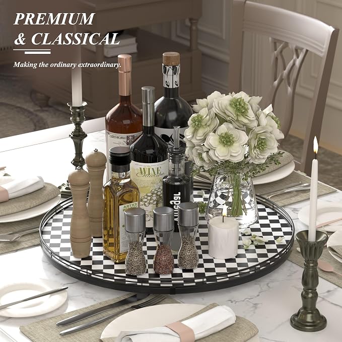 AMH 21-Inch Black and White Checkerboard Lazy Susan Decorative Tray | Smooth rotating oak tray with walnut finish for dining tables, kitchen counters, pantries and cabinet storage.
