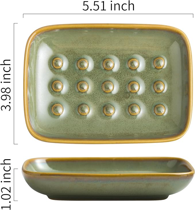 Miamolo Soap Dish for Shower & Bathroom, Floating Point Save Soap Loss | Ceramic Soap Holder Saver, Ideal for Kitchen Countertop | Versatile Tray for Sponges, Trinkets, Brushes, Easy Cleaning, Green
