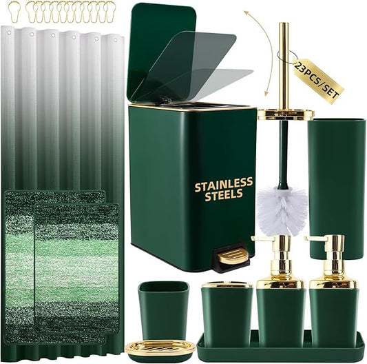 Bathroom Sets with Shower Curtain and Rugs Bathroom Accessories Set Dark Green Bathroom Set,Soap Dispenser & Toilet Brush Holder Set with Stainless Steel Trash Can(23 PCS)