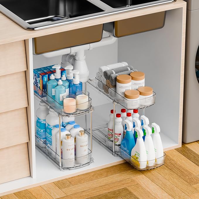 2 Pack 13.8″ Deep 2 Tier Under Sink Storage Organizer,Large Pull Out Bathroom Organizers and Storage,Slide Out Acrylic Undersink Storage Shelf,Kitchen Under Sink Organizer for Cleaning Products