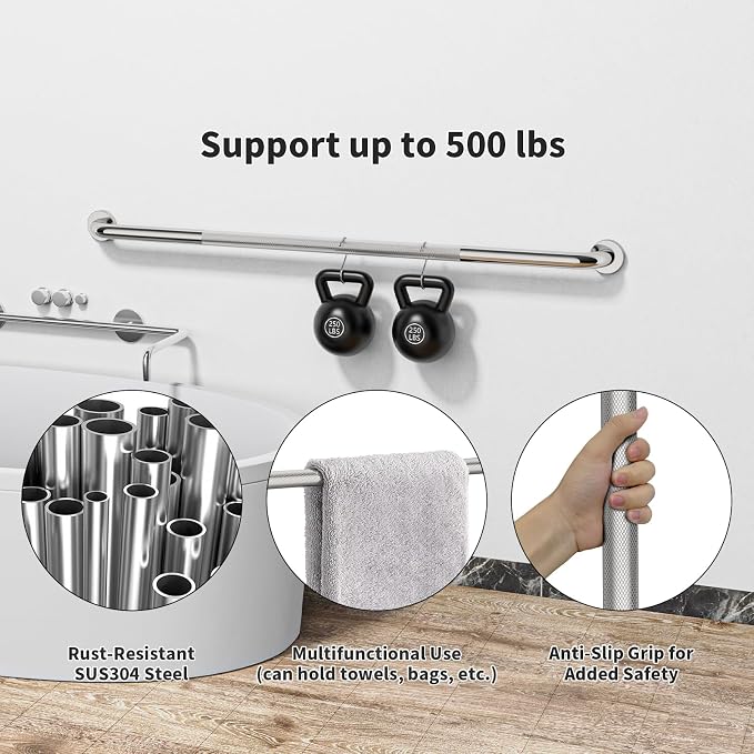 48 Inch Anti Slip Shower Grab Bar, Munzong Bathroom Grab Handle for Wall | Brushed Nickel Knurled Handicap Balance Bar Safety Hand Rail Support Elderly Senior Assist Bath