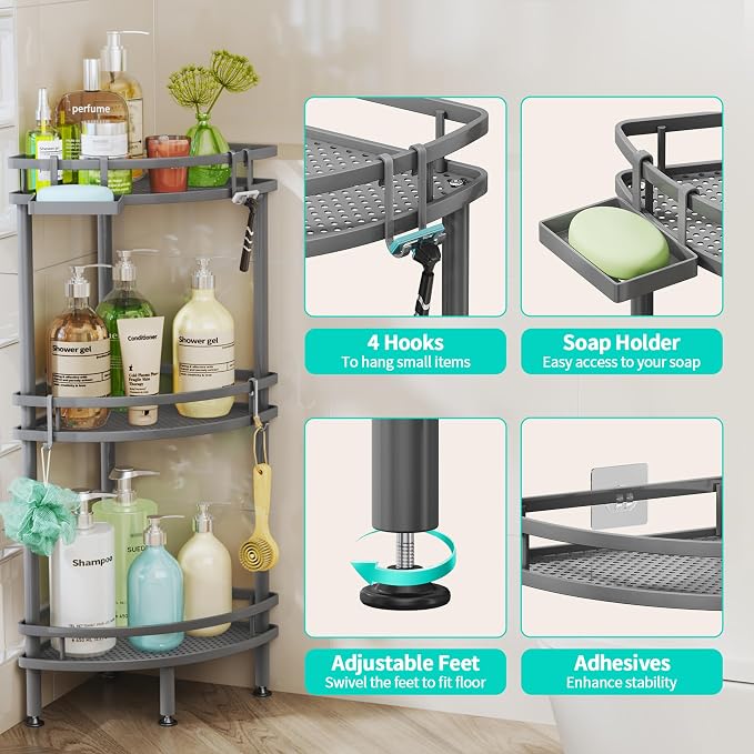 HapiRm Standing Corner Shower Caddy - 3 Tier Shower Organizer Corner with Soap Holder and 4 Hooks, Rustproof Bathroom Storage Shelves with Adhesives, Grey