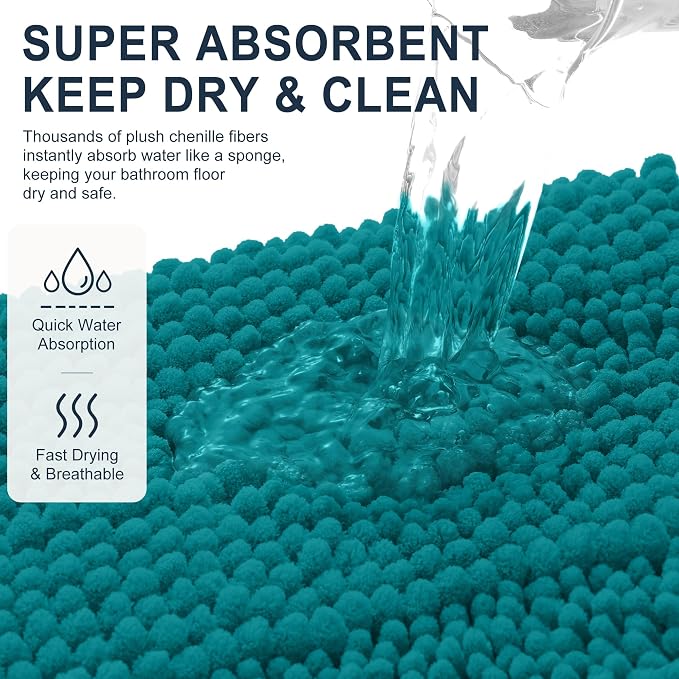 Smiry Thick Small Chenille Bathroom Rugs 24x16, Soft Bath Mat, Deep Lake | Quick‑Dry & Machine Washable, Non‑Slip Bath Carpet, Striped Bath Rugs for Tub & Shower, Modern Home Decor Accessories