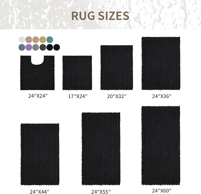 Bathroom Rugs Non Slip Washable 36x24, Extra Thick Soft Chenille Absorbent Bath Mat, High Density Barrier Non Slip Backing, Quick Dry Plush Shaggy Floor Carpet for Tub&Shower, Black