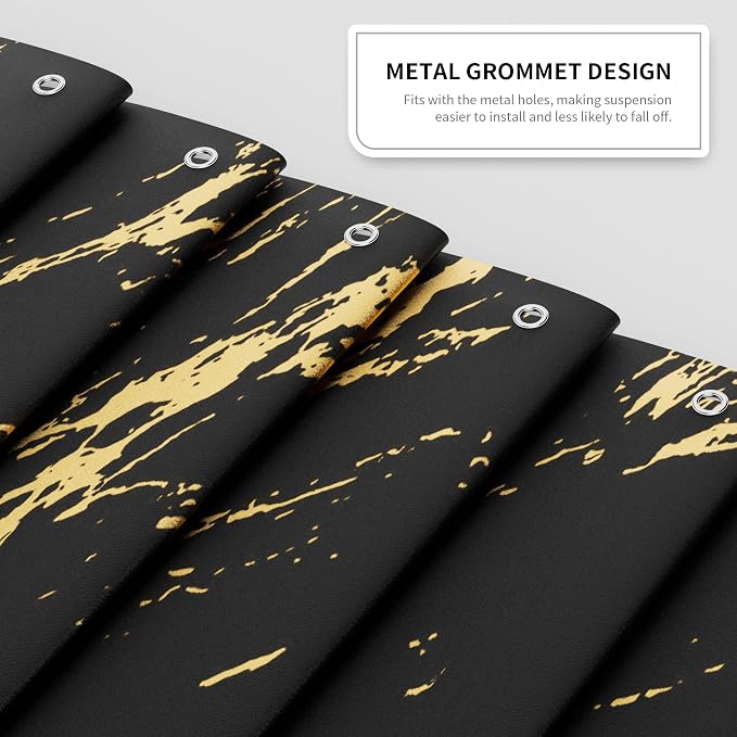 Black and Gold Shower Curtain, Black Marble Shower Curtain, Modern Fabric Shower Curtains for Bathroom, Black and Gold Texture Shower Curtain Set with Hooks 72x72