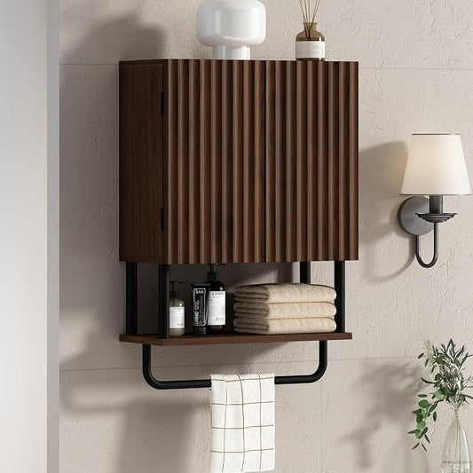 RUSTOWN Fluted Bathroom Wall Cabinet with 2 Doors, 3-Tier Medicine Cabinet | Modern Farmhouse Wall Mounted Cabinets, Over The Toilet Storage Cabinet, Adjustable Shelf and Towel Bar, Small
