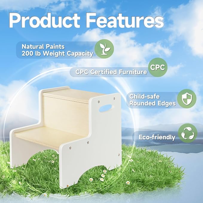 Kids Step Stool for Toddler, Wooden White-Natural Patchwork Two Step Children's Stools with Handles, Bonus Non-Slip Pads for Safety, Bathroom Potty Stool & Kitchen Step Stools Dual Height