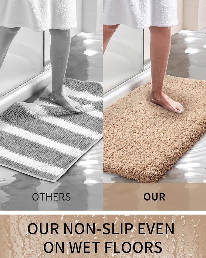 Bathroom Rugs Non Slip Washable, Ultra Thick Soft Microfiber Absorbent Bath Mats, High Density Foam Latex Non Slip Backing Bath Rugs, Fluffy Floor Carpet for Tub&Shower 24x17, Beige