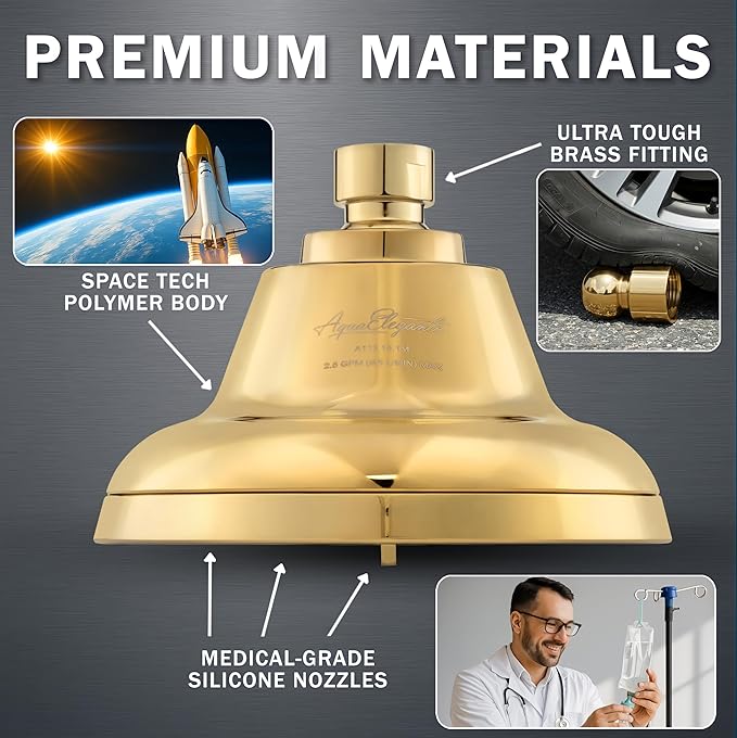 Massage Shower Head With Mist - 2.5 GPM - Polished Brass | High Pressure Boosting, 6 Function Adjustable Massaging Rainfall Showerhead For Low Flow Baths With Water Saving Nozzles