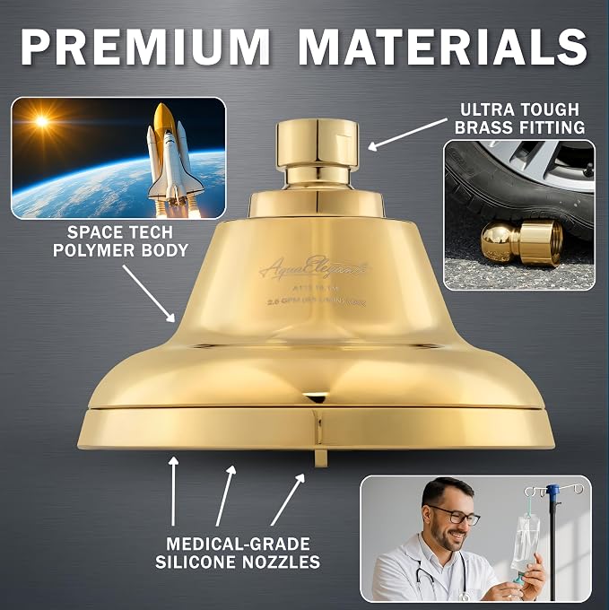 Massage Shower Head With Mist - 1.8 GPM - Polished Brass | High Pressure Boosting, 6 Function Adjustable Massaging Rainfall Showerhead For Low Flow Baths With Water Saving Nozzles
