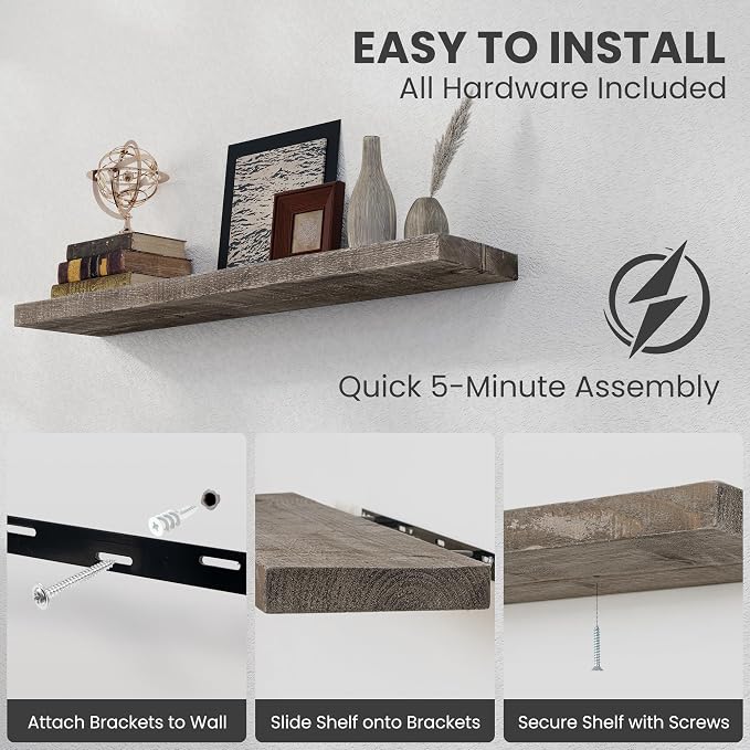 Floating Shelves for Wall,18 Inch Reclaimed Barnwood Planks Set of 2,8 Inch Deep Rustic Solid Wood Wall Shelves for Storage,Wood Wall Mount Shelf with Invisible Heavy-Duty Metal Bracket,Grey