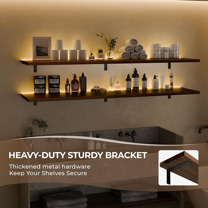 10x72 Inch LED Floating Shelf, Wall Mounted with Light, Storage for Gaming Room, Living Room, Kitchen (Walnut, Set of 2)