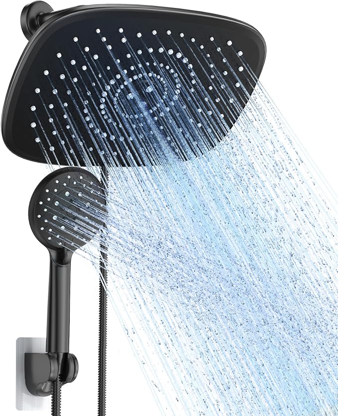 Veken 10“ Rain Shower Head with Handheld,Dual High Pressure Shower Heads | 5-mode Hand Held Spray with Hose,Wide Detachable Rainfall,Dual Showerhead Combo,Bathroom Accessories,Easy Install,Matte Black