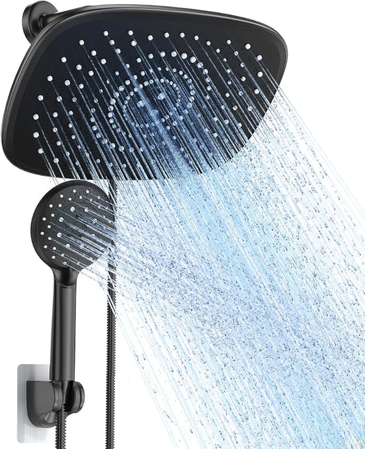 Veken 10“ Rain Shower Head with Handheld,Dual High Pressure Shower Heads | 5-mode Hand Held Spray with Hose,Wide Detachable Rainfall,Dual Showerhead Combo,Bathroom Accessories,Easy Install,Matte Black