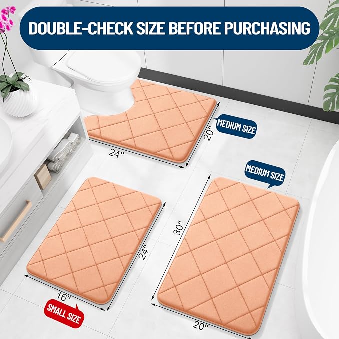 OLANLY Memory Foam Bath Mat 24x16, Ultra Soft and Absorbent Bathroom Rugs | Peach, Quick Dry, Machine Washable Shower Bath Rugs, Comfortable Bath Carpet for Bathroom Floor, Tub and Shower