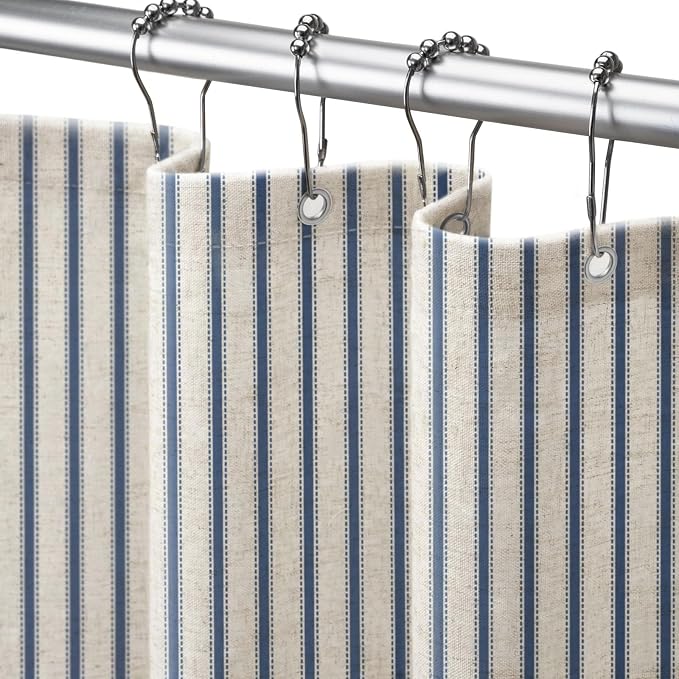 Farmhouse Striped Shower Curtain Navy Blue Vintage Linen Curtain 72W X 90L | Striped Shower Curtains with Linen Texture for Bathroom Decor