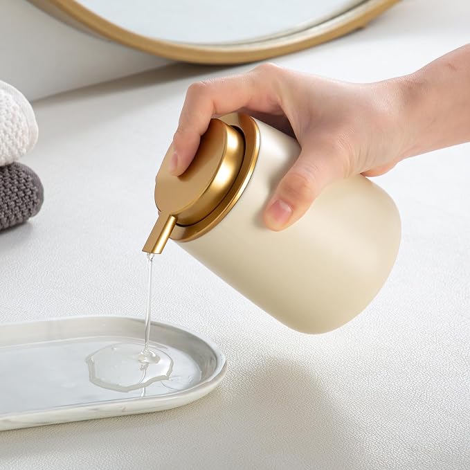 Enra Gold Ceramic Soap Dispenser, Hand Soap Dispenser for Bathroom | 12oz Premium Ceramic Body with Wide-Mouth Refill Design. Elegant Style Enhances Countertops, Kitchens and Home Decor.
