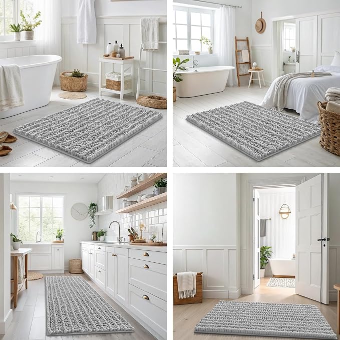 Smiry Bathroom Rugs 47X24, Extra Soft Rubber Backing Chenille Bath Mats | Light Grey Machine Washable Non Slip Quick Dry Bath Mats for Bathroom Floor, Tub, Shower, Home Decor Accessories