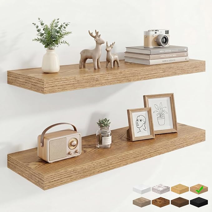 9.25in Depth 30in Floating Shelves, 30x9.25x1.4,Light Brown, Set of 2 | Wall Mounted Engineered Wood Shelves, Invisible Brackets for Living Room, Bedroom, Bathroom, Kitchen Decor and Storage
