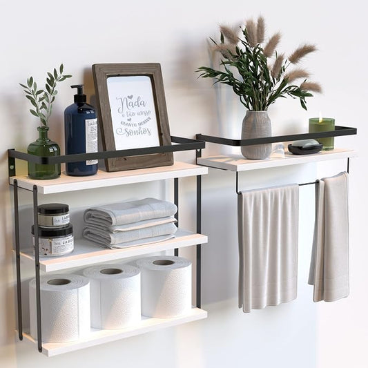 RICHER HOUSE Floating Shelves Bathroom, Wall Mounted Shelf Over Toilet | 3+1 Tier, with Metal Rail, Towel Rack, Paper Storage Shelf, Wall Shelves Decor for Bathroom, Kitchen, Rustic, Wood, White