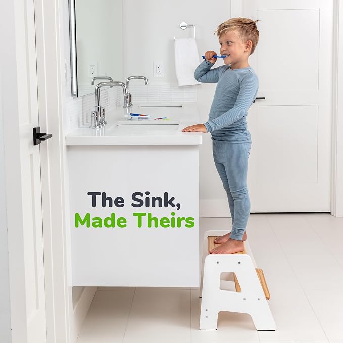 2-Step Wooden Toddler Step Stool for Bathroom Sink & Kitchen Use - White | Non-slip steps and padded feet for extra stability. Lightweight to carry, safely supports ages 2+ and adults up to 250 lbs.