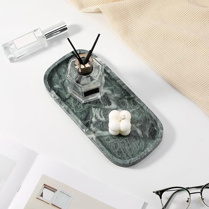 Marble Tray, 10"x5" Marble Vanity Tray for Bathroom Countertop Kitchen Sink, Rectangular Stone Tray for Perfume Fragrance, Decorative Catchall Tray Jewelry Cosmetics Organizer(Green)