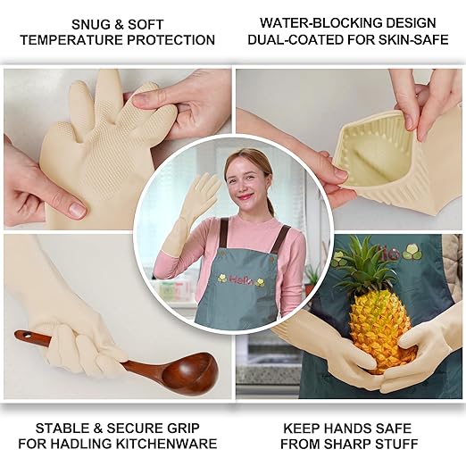 Rubber Dishwashing Gloves, Non-Slip Kitchen, Ivory Medium, 3 Pairs | Korean natural latex, long cuff, thick and durable, textured non-slip grip, for dishwashing and kitchen cleaning