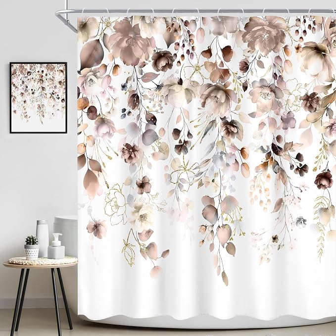 Brown Floral Autumn Fall Tan Watercolor Bathroom Shower Curtain Set | 72"W x 72"L Flower Eucalyptus style, clear shower print, fast-dry fabric and hooks for a simple bath update.