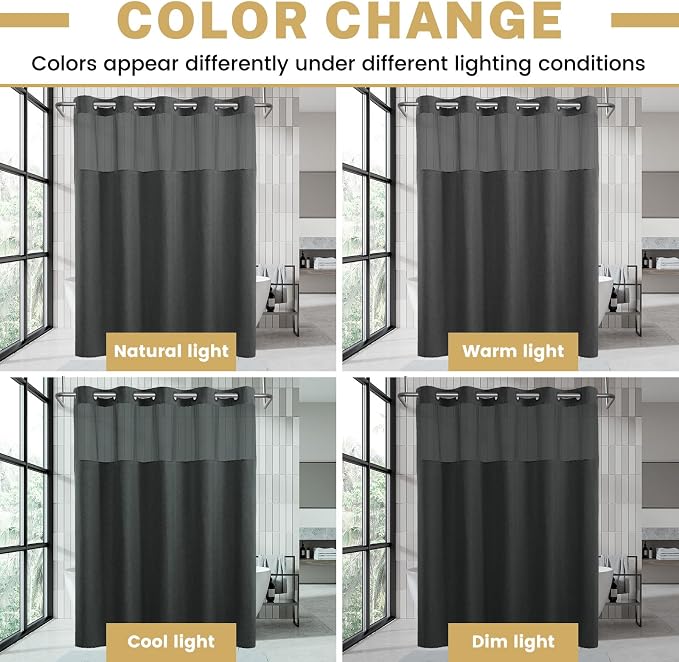 WONICY No Hook Shower Curtain with Liner, Charcoal Grey, 54 x 80 Inch | Ringless, Waterproof & Washable, Hotel Style, Mesh Top Window, Bottom Magnets, Thick, Farmhouse, for Bathroom