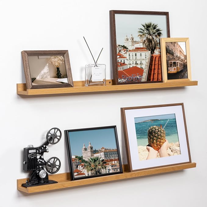 Fun Memories Picture Ledge Shelf, 32 Inch Floating Shelves Set of 2, Large Nursery Book Shelves for Toys Storage, Kids Bookshelf Wall Mounted for Wall Decor Books Photo Frames, Oak