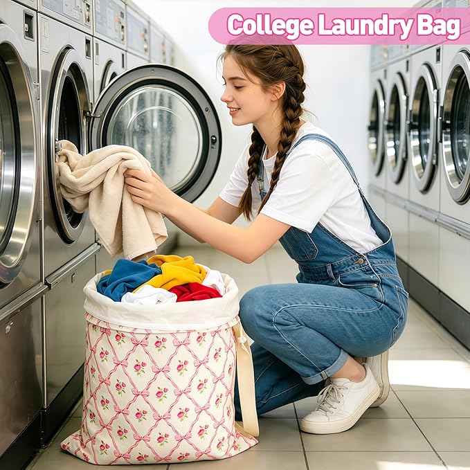 Laundry Bag Backpack for Dorm & Travel, 29 x 18" Large Dirty Bag | Cute Pink Floral College Clothes Pouch with Straps and Handles. Ideal for Apartment, Camp and Portable Bag for Laundromat
