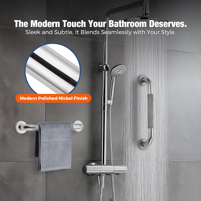 Grab Bars for Shower, 18 Inch Shower Handle, 2 Pack, Brushed Nickel | Grab Bars for Bathroom, Knurled Anti-Slip Grip, 17-Inch Hole Centers, 1-Inch Diameter, Wall-Mounted Support for Seniors