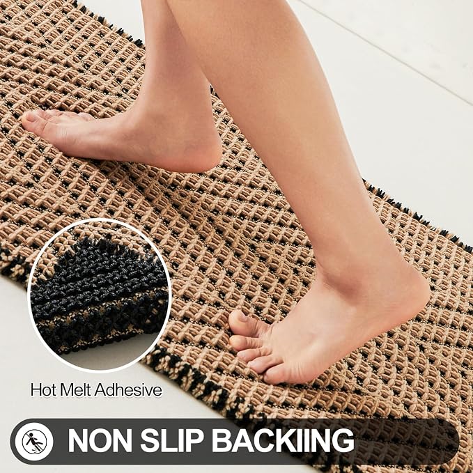 Sunfly Waffle Bath Mat, Boho Bathroom Rugs Non Slip Washable Super Absorbent Quick Dry Bath Mat Farmhouse Bathroom Decor, 16"x24" Black &Khaki
