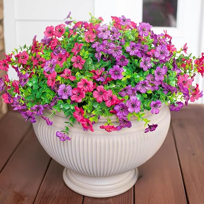 Artificial Flowers for Outdoor Indoor Garden Home Decoration, Faux Flower Daisy with Eucalyptus Leaves Fake Plants Greenery Boxwood Porch Patio, 12 Bundles (Purple Pink)