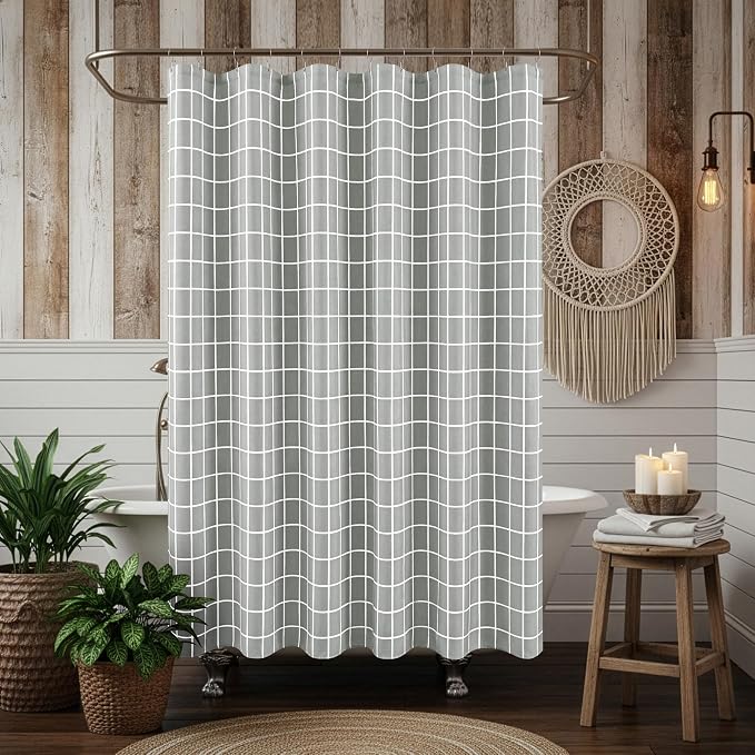 Biscaynebay Fabric Grey Shower Curtain for Bathroom-Modern Farmhouse Faux Linen Textured Grid Plaid Shower Curtains, Minimalist Simple Geometric Neutral Decor Machine Washable-70x72 Inches Silver Grey